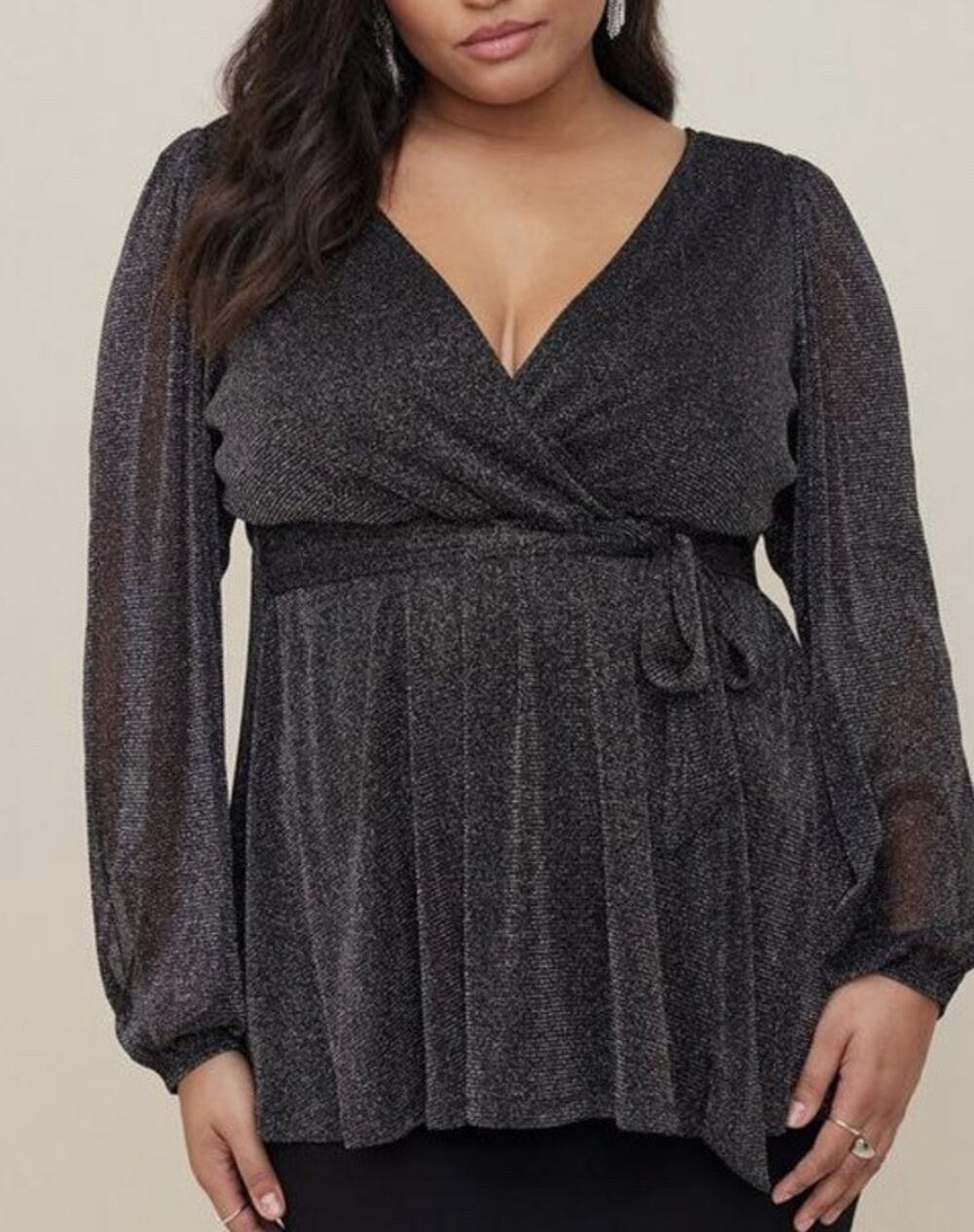 Torrid Glitter Lurex Surplice Peplum Top Size 2X Black Silver Metallic Tie Waist